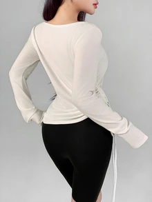 DAZY Women's Fall Boat Neck Off-White Side Ruched Cinched Waist Slim Fit Long Sleeve Modest Sporty Base Layer T-Shirt Pilates Workout - White - View 6