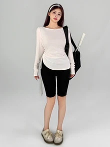 DAZY Women's Fall Boat Neck Off-White Side Ruched Cinched Waist Slim Fit Long Sleeve Modest Sporty Base Layer T-Shirt Pilates Workout - White - View 5
