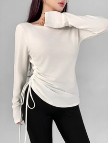 DAZY Women's Fall Boat Neck Off-White Side Ruched Cinched Waist Slim Fit Long Sleeve Modest Sporty Base Layer T-Shirt Pilates Workout - White - View 9