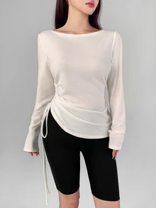 DAZY Women's Fall Boat Neck Off-White Side Ruched Cinched Waist Slim Fit Long Sleeve Modest Sporty Base Layer T-Shirt Pilates Workout - White - View 1