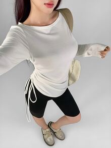 DAZY Women's Fall Boat Neck Off-White Side Ruched Cinched Waist Slim Fit Long Sleeve Modest Sporty Base Layer T-Shirt Pilates Workout - White - View 3