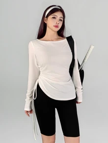 DAZY Women's Fall Boat Neck Off-White Side Ruched Cinched Waist Slim Fit Long Sleeve Modest Sporty Base Layer T-Shirt Pilates Workout - White - View 7