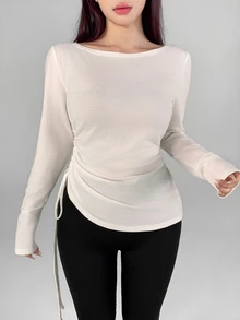 DAZY Women's Fall Boat Neck Off-White Side Ruched Cinched Waist Slim Fit Long Sleeve Modest Sporty Base Layer T-Shirt Pilates Workout - White - View 4