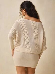 Nubod Plus Size Women Solid Color Fashion One Shoulder Hollow Knit Dress Winter - Apricot - View 2