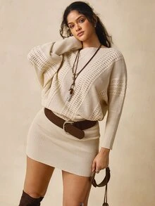 Nubod Plus Size Women Solid Color Fashion One Shoulder Hollow Knit Dress Winter - Apricot - View 7