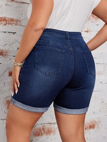 EMERY ROSE Women's Plus Size Roll-Up Casual Denim Shorts With Pockets - Dark Wash - View 2