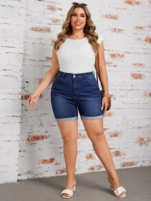 EMERY ROSE Women's Plus Size Roll-Up Casual Denim Shorts With Pockets - Dark Wash - View 5