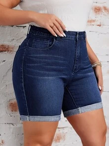EMERY ROSE Women's Plus Size Roll-Up Casual Denim Shorts With Pockets - Dark Wash - View 3