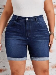 EMERY ROSE Women's Plus Size Roll-Up Casual Denim Shorts With Pockets - Dark Wash - View 6