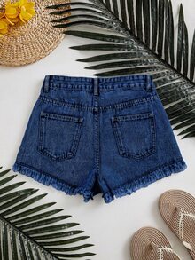 SHEIN Essnce Women's Casual Streetwear Denim Shorts With Pockets And Frayed Hem, Versatile For Daily Wear Beach Summer - Dark Wash - View 7