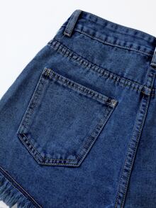 SHEIN Essnce Women's Casual Streetwear Denim Shorts With Pockets And Frayed Hem, Versatile For Daily Wear Beach Summer - Dark Wash - View 4