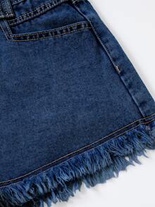 SHEIN Essnce Women's Casual Streetwear Denim Shorts With Pockets And Frayed Hem, Versatile For Daily Wear Beach Summer - Dark Wash - View 5