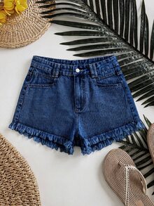 SHEIN Essnce Women's Casual Streetwear Denim Shorts With Pockets And Frayed Hem, Versatile For Daily Wear Beach Summer - Dark Wash - View 3