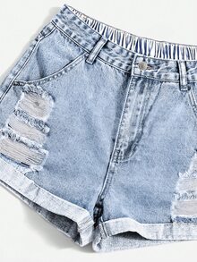 SHEIN Essnce Plus Size Women's Casual Denim Shorts, Street Style, Spring/Summer Spring Summer  Vacation - Light Wash - View 4