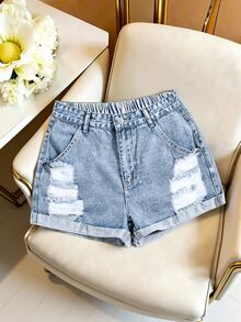SHEIN Essnce Plus Size Women's Casual Denim Shorts, Street Style, Spring/Summer Spring Summer  Vacation - Light Wash - View 1