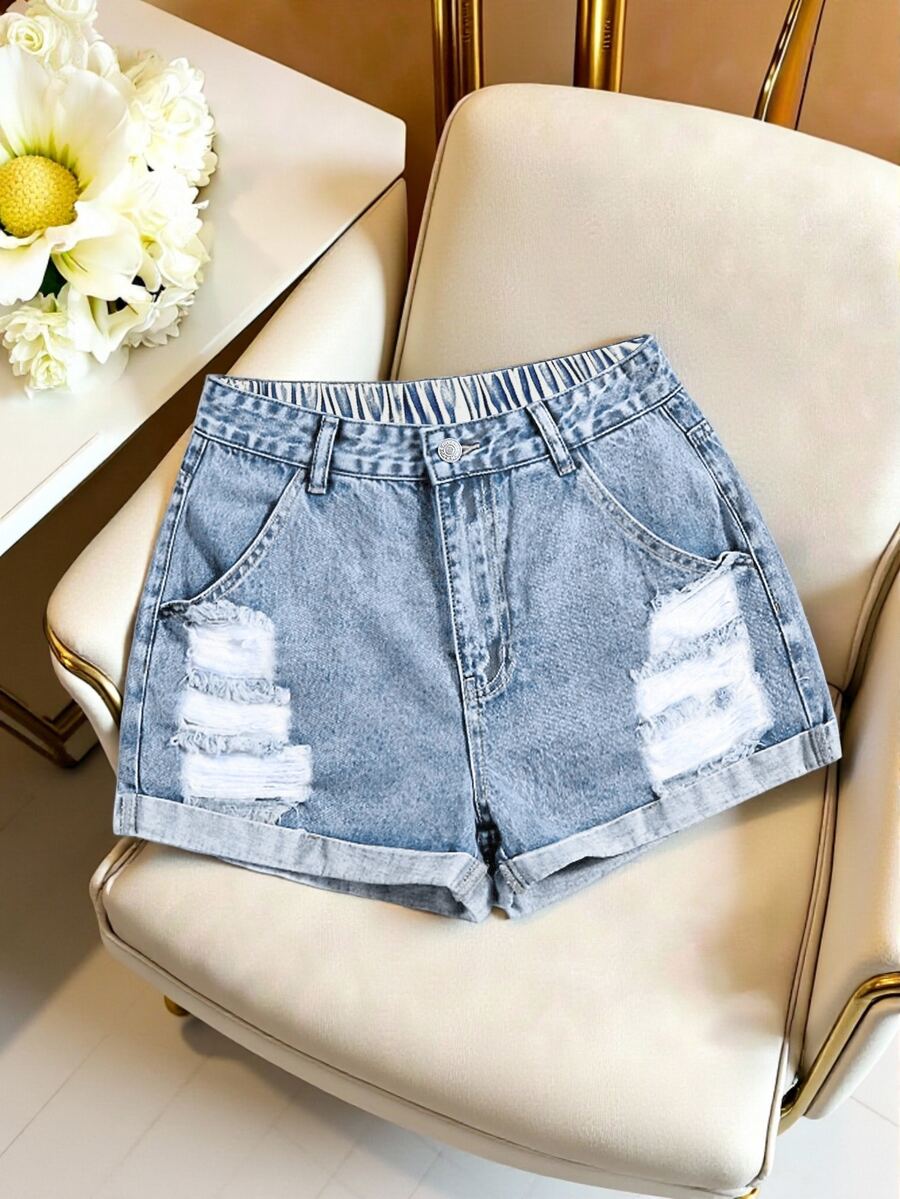 SHEIN Essnce Plus Size Women's Casual Denim Shorts, Street Style, Spring/Summer Spring Summer Vacation - Light Wash - View 1