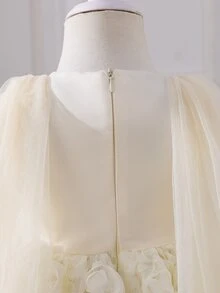 SHEIN Glamorique Kids 女嬰公主禮服杏色 3D 玫瑰花網紗薄紗正式洋裝 生日派對 婚禮節日 花童公主裙 可愛優雅 - 杏色 - 查看 7