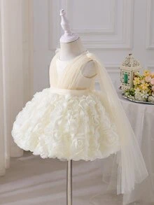 SHEIN Glamorique Kids 女嬰公主禮服杏色 3D 玫瑰花網紗薄紗正式洋裝 生日派對 婚禮節日 花童公主裙 可愛優雅 - 杏色 - 查看 8