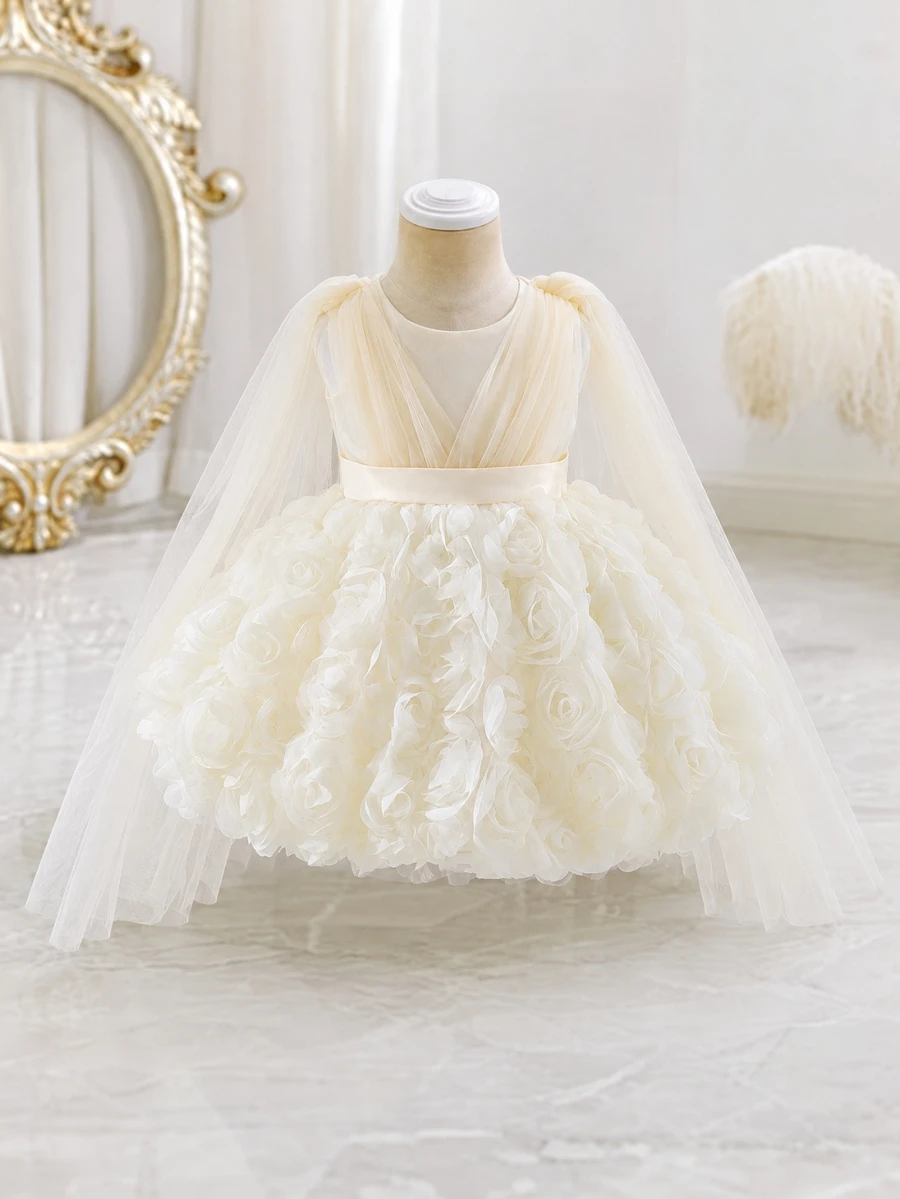 SHEIN Glamorique Kids 女嬰公主禮服杏色 3D 玫瑰花網紗薄紗正式洋裝 生日派對 婚禮節日 花童公主裙 可愛優雅