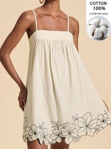 Travachic 女款花卉印花百褶休閒波西米亞風日常夏季細肩帶洋裝，黑白格紋，適合海灘度假 - 米色 - 查看 9
