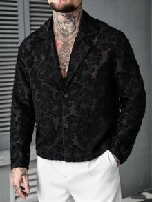 Manfinity Roughcore Men's Black Long-Sleeved Coat For Autumn And Winter. Floral Fabric Design. Suitable For Wearing At Banquets, Parties, Holidays And Other Occasions. - Black - View 4