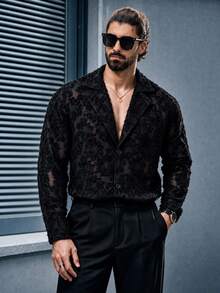 Manfinity Roughcore Men's Black Long-Sleeved Coat For Autumn And Winter. Floral Fabric Design. Suitable For Wearing At Banquets, Parties, Holidays And Other Occasions. - Black - View 3