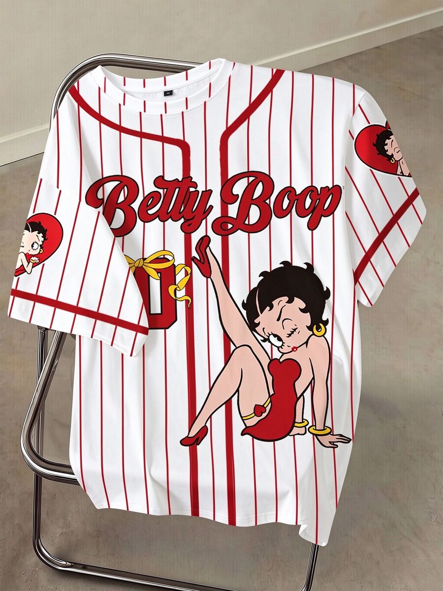 Betty Boop x SHEIN 男士字母與條紋印花圓領短袖休閒T恤 秋季運動服 - 白色 - 查看 1
