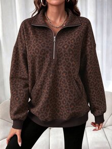 Breezaya Plus Size Women's Leopard Print Casual Versatile Daily Wear Long Sleeve Sweatshirt - Multicolor - View 3