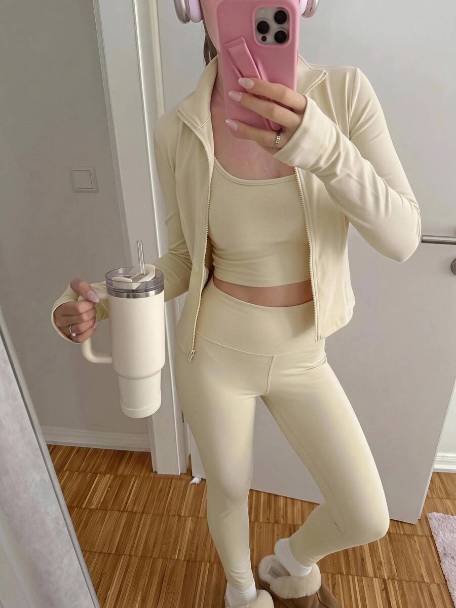 CovetEZ 女款純色細肩帶背心、長袖外套與長褲休閒日常運動套裝 - 杏色 - 查看 1