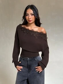 Vivamere كنزة نسائية كاجوال يومية بأكمام طويلة وكتف مكشوف مع تطريز دانتيل - بني - مشاهدة 4
