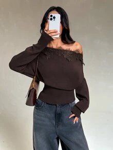 Vivamere كنزة نسائية كاجوال يومية بأكمام طويلة وكتف مكشوف مع تطريز دانتيل - بني - مشاهدة 3