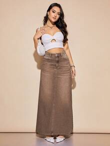 SHEIN EZwear Fall Casual Vintage Button Zip Thick Denim Brown Commute Office Versatile Long Denim Skirt For Women - Brown - View 3