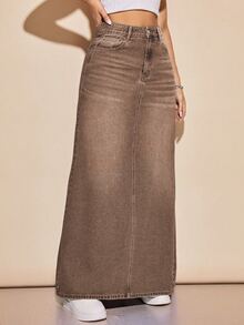 SHEIN EZwear Fall Casual Vintage Button Zip Thick Denim Brown Commute Office Versatile Long Denim Skirt For Women - Brown - View 6