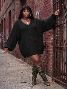 Slaydiva Plus Size Autumn/Winter Casual Solid Color Knit Dress - Black - View 6
