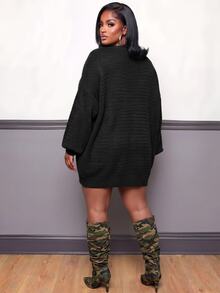 Slaydiva Plus Size Autumn/Winter Casual Solid Color Knit Dress - Black - View 2