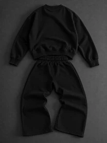 SHEIN 兒童青少年男孩休閒日常百搭舒適黑色刺繡圖案直筒寬鬆運動長褲，適合返校、生日派對、晚會、表演、婚禮、洗禮、開幕式等場合，舒適日常穿著，適用於學校、旅行、運動，秋冬季節 - 黑色 - 查看 4