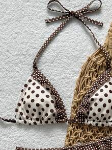 Swim Mod New Polka Dot Print Ruffled Halter Two Pieces Bikini Set, Fashionable Sexy Casual Beach, Pool Party, Vacation Swimwear For Women - Beige - View 5