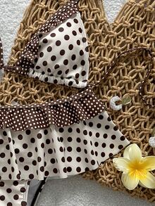 Swim Mod New Polka Dot Print Ruffled Halter Two Pieces Bikini Set, Fashionable Sexy Casual Beach, Pool Party, Vacation Swimwear For Women - Beige - View 8