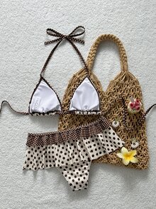 Swim Mod New Polka Dot Print Ruffled Halter Two Pieces Bikini Set, Fashionable Sexy Casual Beach, Pool Party, Vacation Swimwear For Women - Beige - View 2