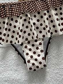 Swim Mod New Polka Dot Print Ruffled Halter Two Pieces Bikini Set, Fashionable Sexy Casual Beach, Pool Party, Vacation Swimwear For Women - Beige - View 4