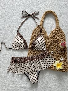 Swim Mod New Polka Dot Print Ruffled Halter Two Pieces Bikini Set, Fashionable Sexy Casual Beach, Pool Party, Vacation Swimwear For Women - Beige - View 7