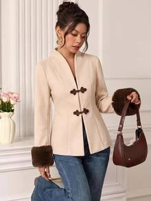 EastFlair Women's Elegant French Regular Jacket With Patchwork Fur Cuffs And Frog Button Design Fall Dinner Party Semi Formal Light Brown - Beige - View 1