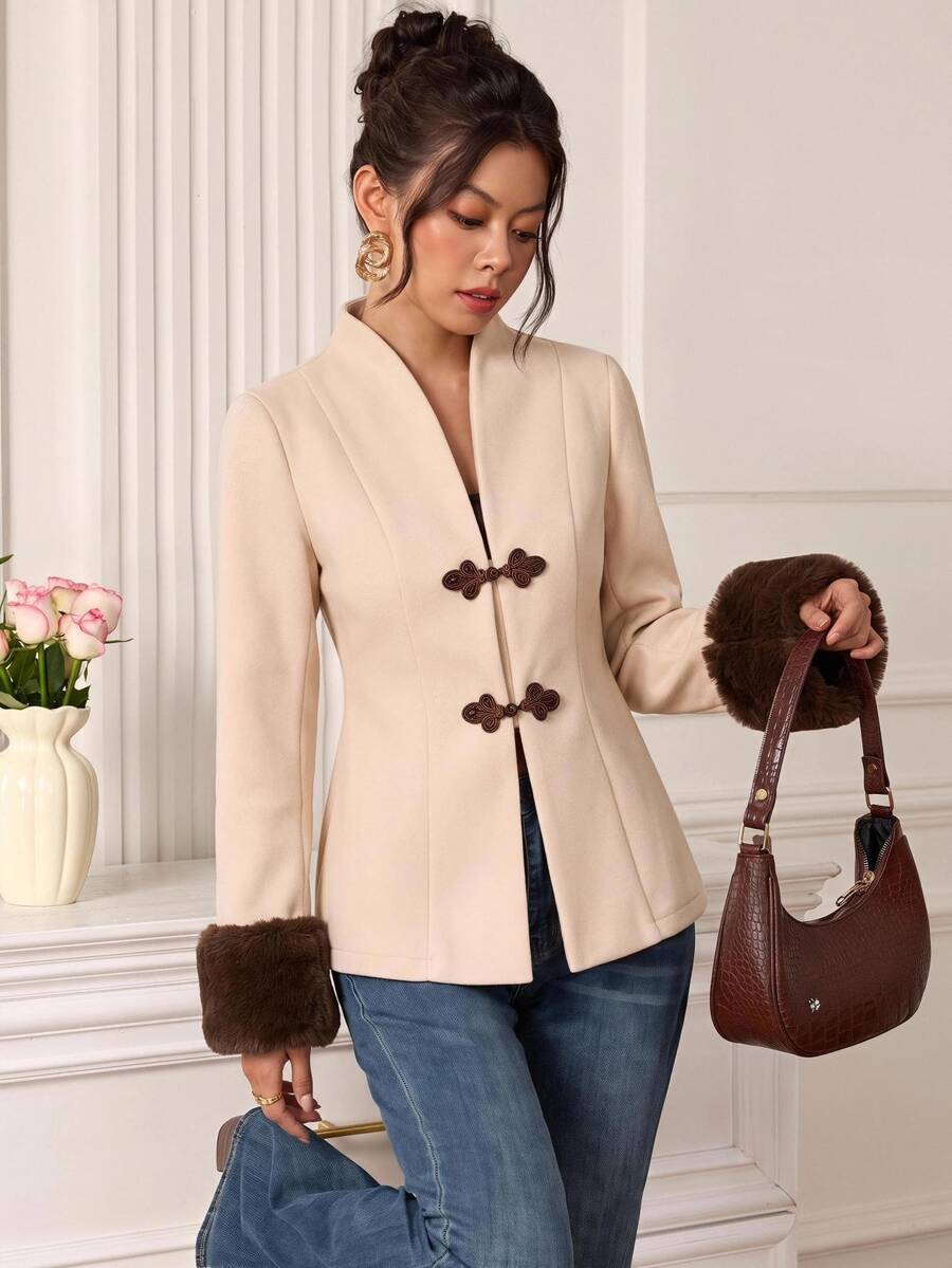 EastFlair Women's Elegant French Regular Jacket With Patchwork Fur Cuffs And Frog Button Design Fall Dinner Party Semi Formal Light Brown - Beige - View 1