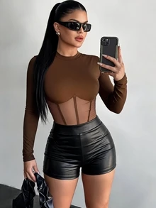 SHEIN SXY Women's Round Neck Long Sleeve Hollow Out Sexy Bodysuit - Brown - View 2