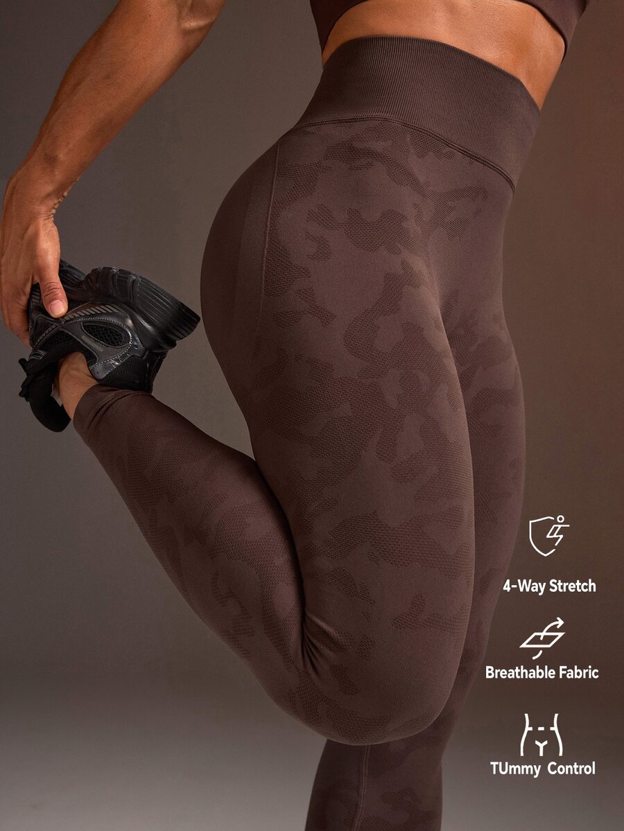 Powerista Women's Seamless Textured Leggings Scrunched Butt Lifting High Waist Yoga Pants For Gym Summer Complemented By A Camouflage Pattern Texture. - Brown - View 1