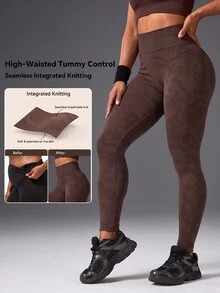 Powerista Women's Seamless Textured Leggings Scrunched Butt Lifting High Waist Yoga Pants For Gym Summer Complemented By A Camouflage Pattern Texture. - Brown - View 3