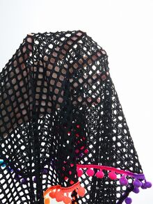 SHEIN Swim 夏季海灘網眼針織條邊和流蘇設計女士遮陽裙 - 黑色 - 查看 5