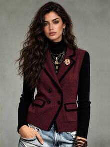 LUMIGAL Women's Striped Colorblock Button Knit Vest Cardigan - Burgundy - View 1