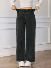 SHEIN Essnce 女款彈性腰寬腿寬鬆休閒牛仔褲 - 黑色 - 查看 6