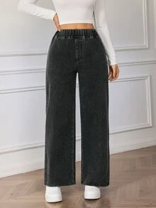 SHEIN Essnce 女款彈性腰寬腿寬鬆休閒牛仔褲 - 黑色 - 查看 8